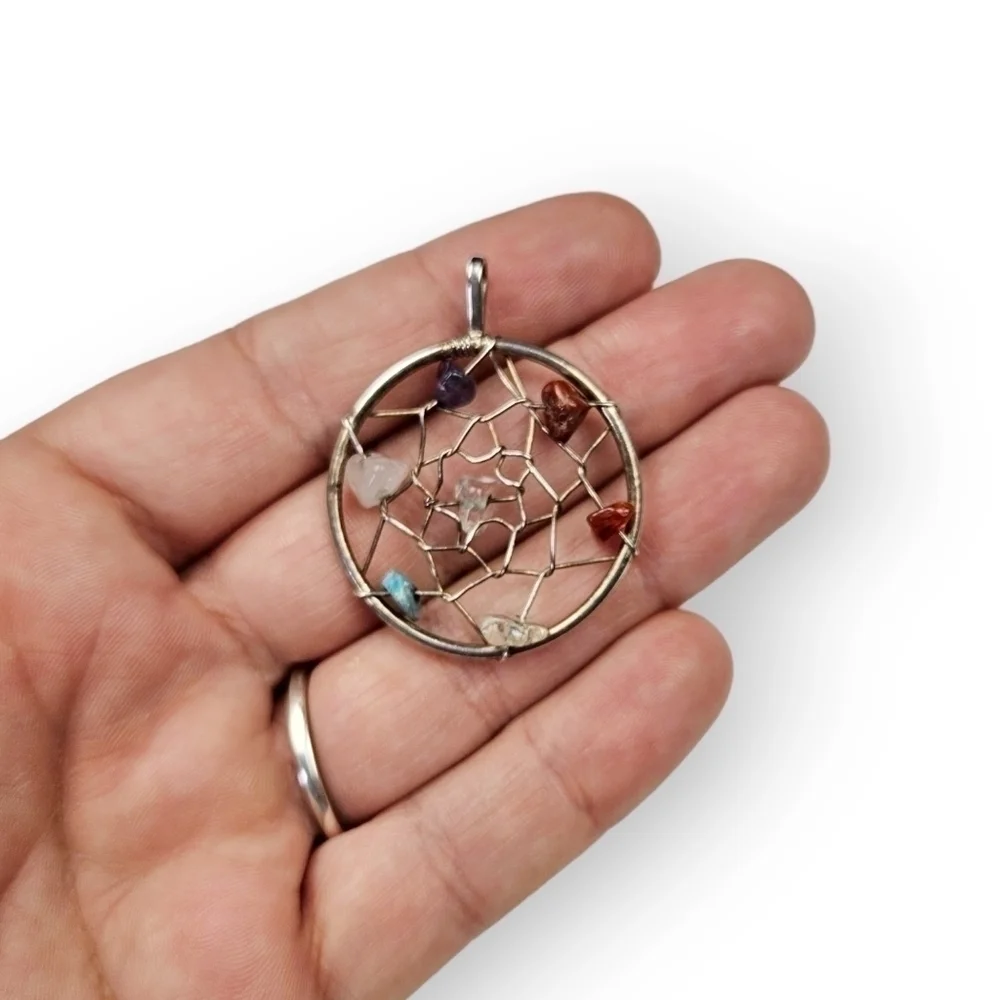 Dreamcatcher Pendant Colorful Gemstone Chip Silver Tone Wire Wrapped Vtg 1 5/8